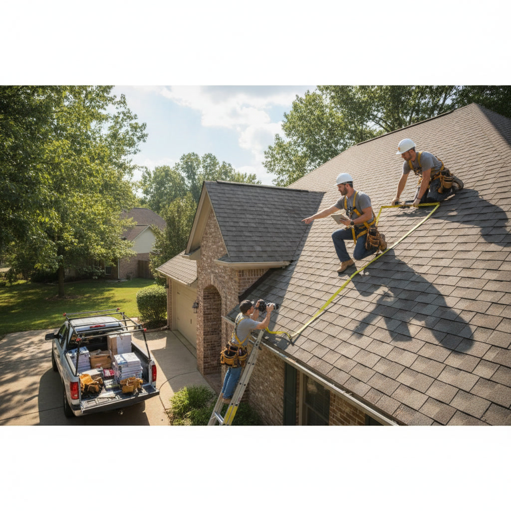 Professional roofing contractor inspecting residential roof condition before replacement