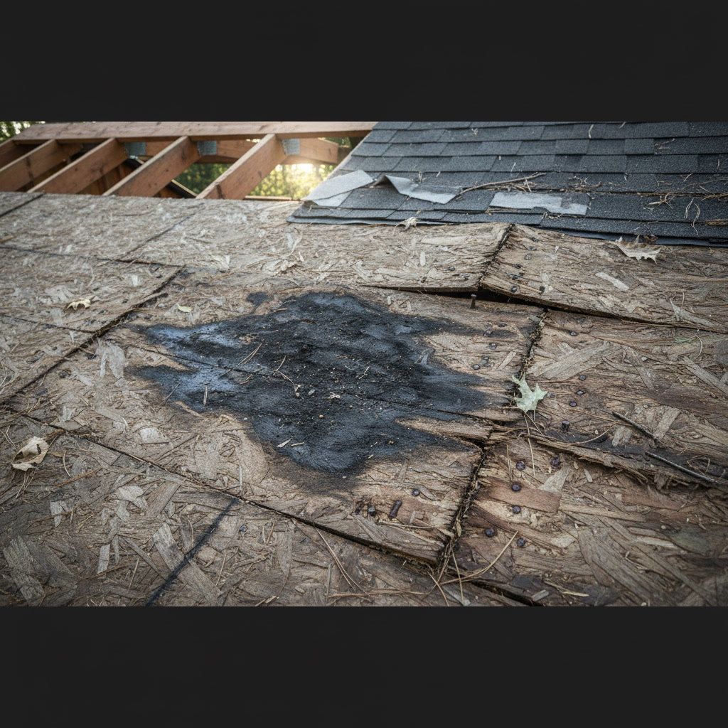 Damaged roof decking showing water stains and deterioration beneath old shingles
