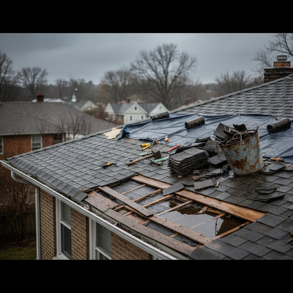 roof inspector examining deteriorated roofing materials