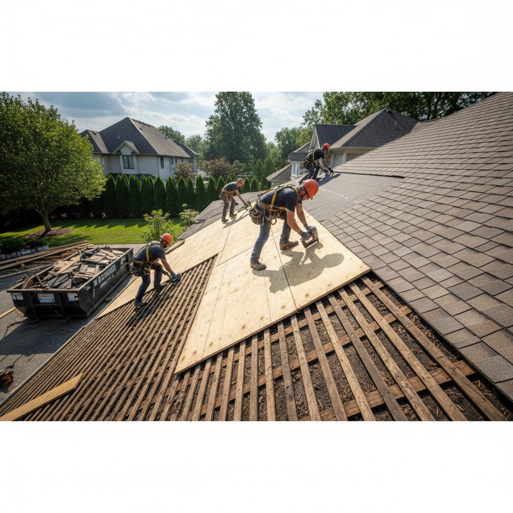 Roofing contractor installing new plywood decking over rafters during roof replacement