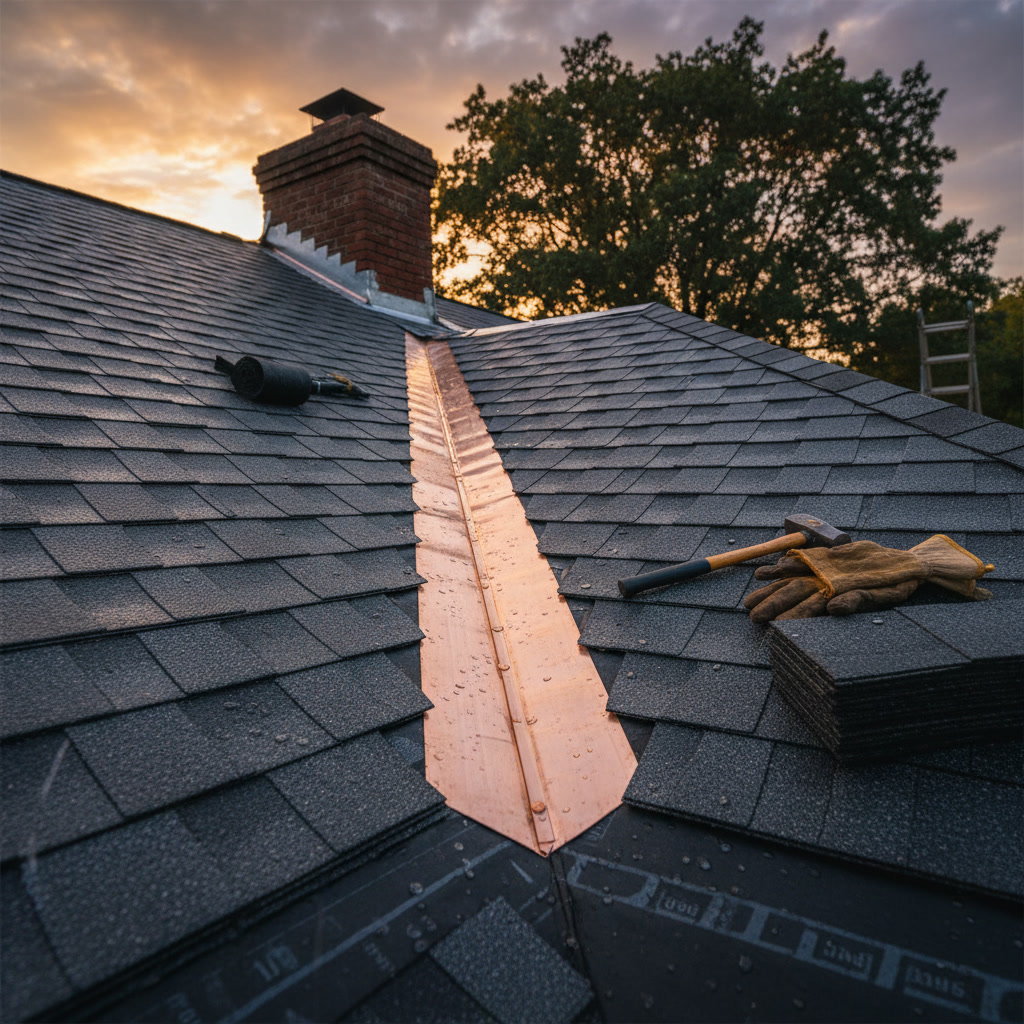 Roofing crew installing metal flashing and completing final details