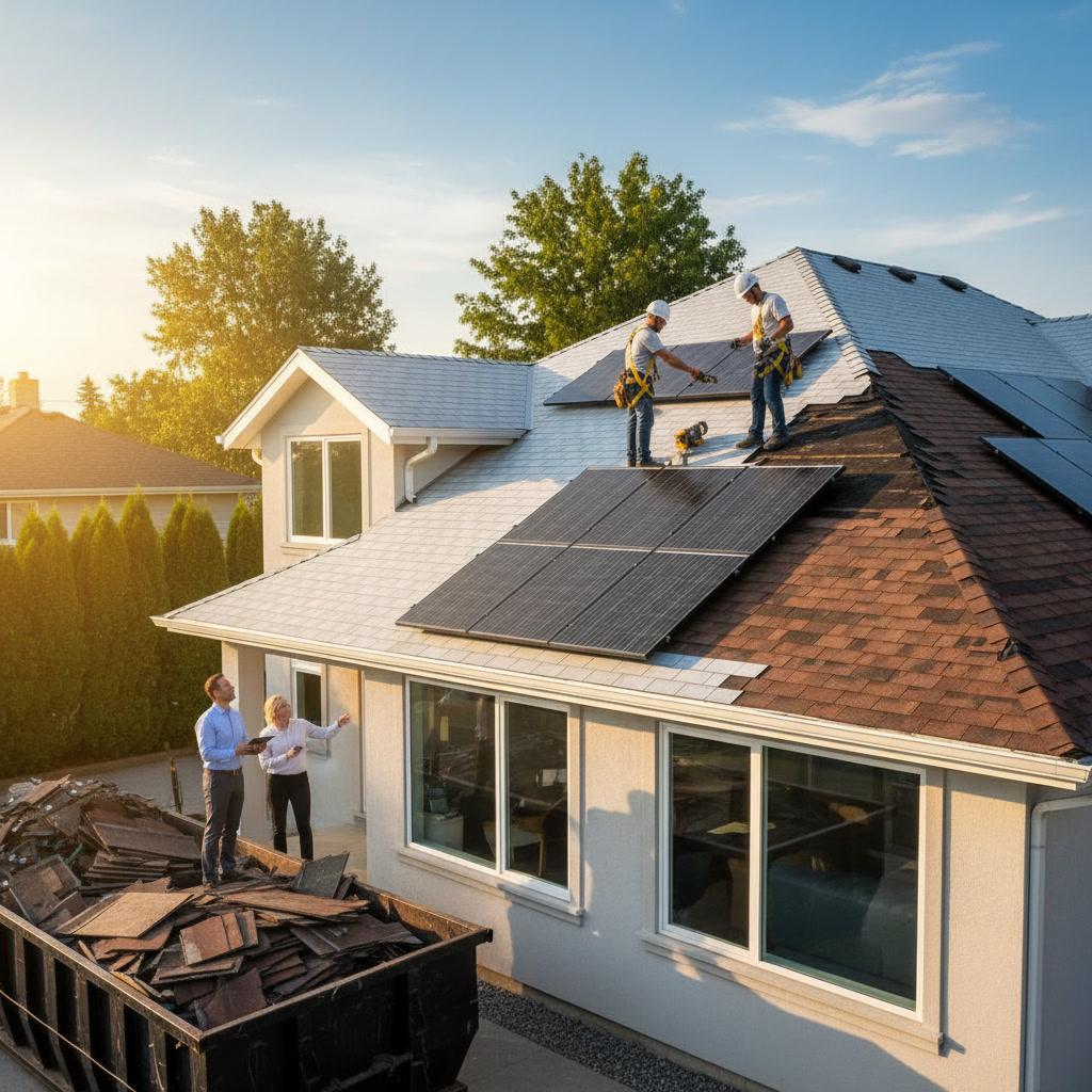 professional roofer installing new shingles on residential home