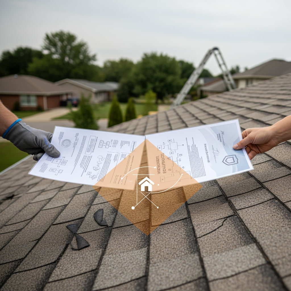 professional roofer inspecting warranty-covered roof installation