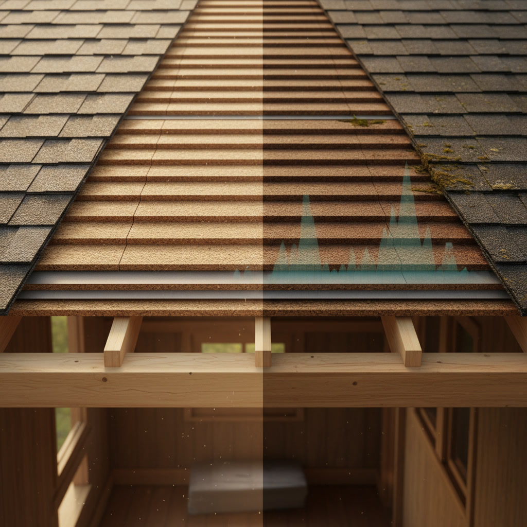 Close-up of new roof decking panels properly fastened to roof trusses