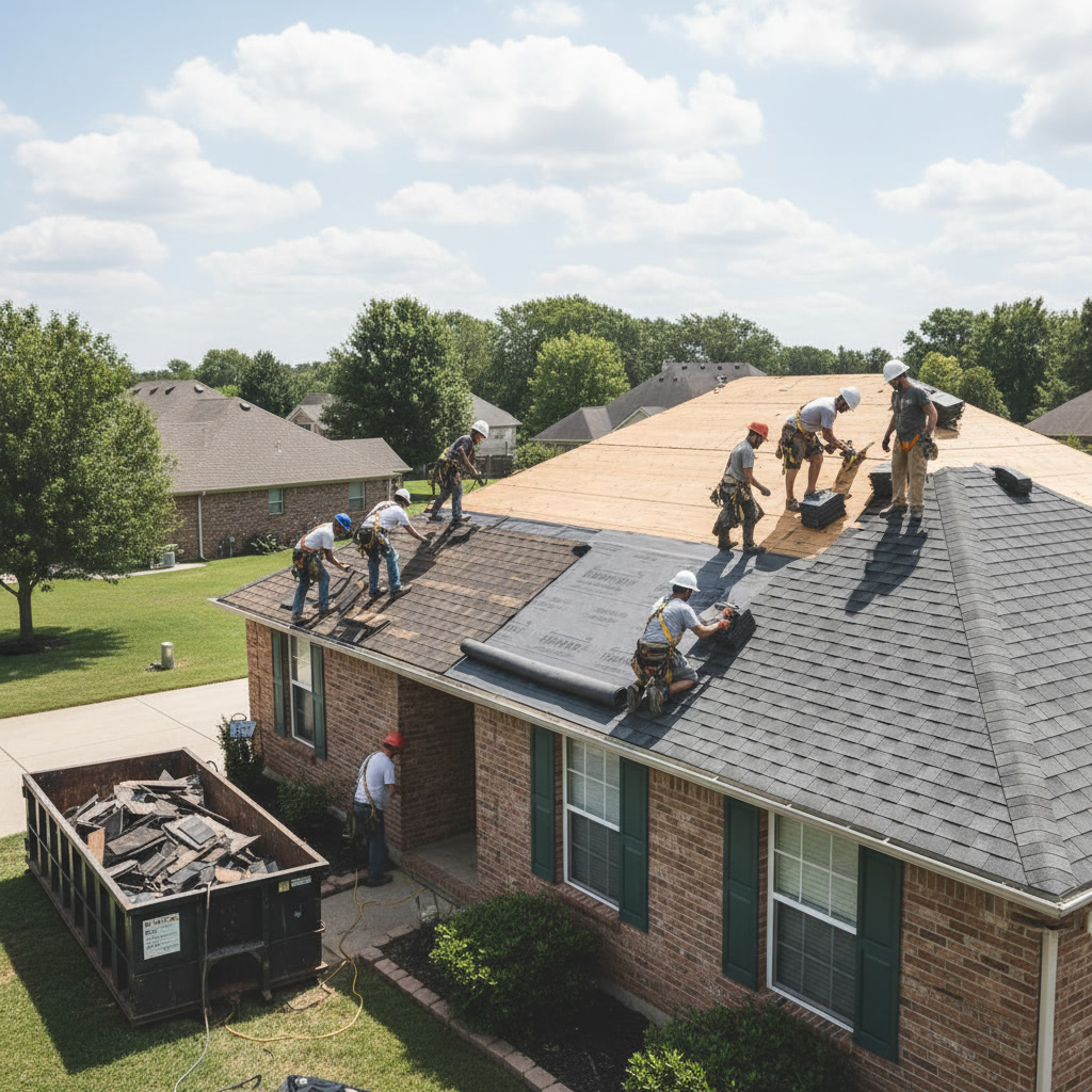 Professional roofing crew replacing residential roof from start to finish