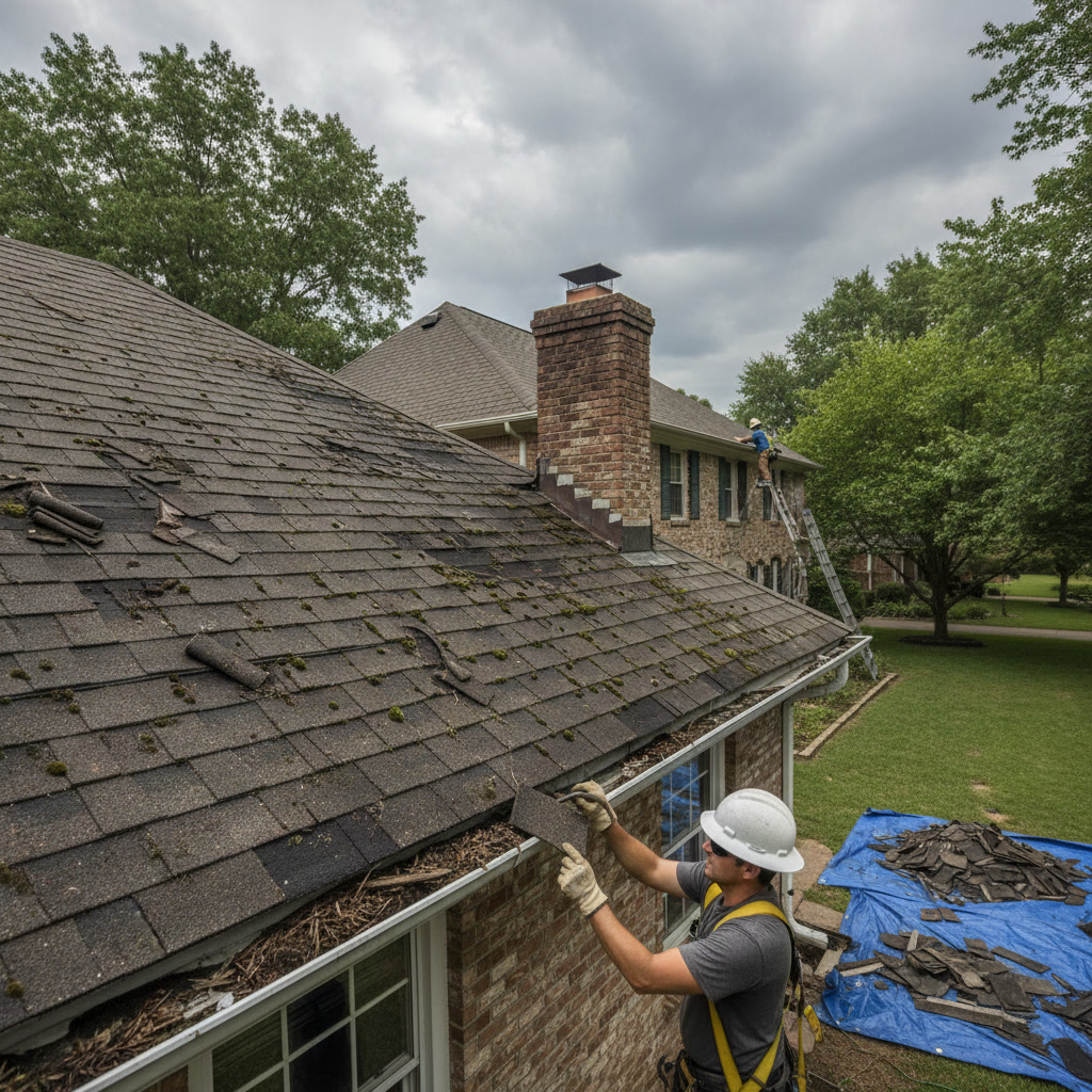 residential home showing roof damage requiring replacement evaluation