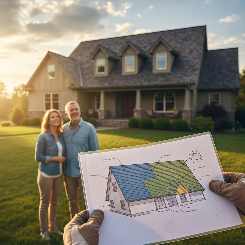 professional roofing contractor explaining warranty coverage to homeowner