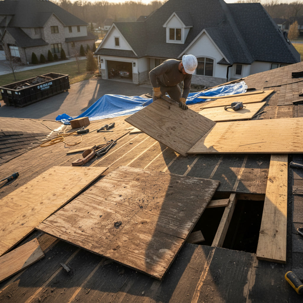 Professional roofing crew inspecting roof decking condition during residential roof replacement project