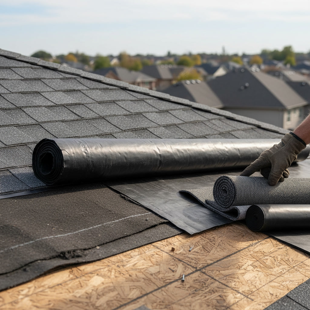 Roof underlayment installation showing waterproof barrier beneath shingles