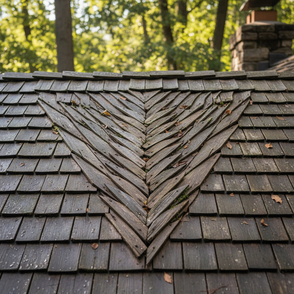 Close-up view of woven roof valley construction showing interlocked shingles