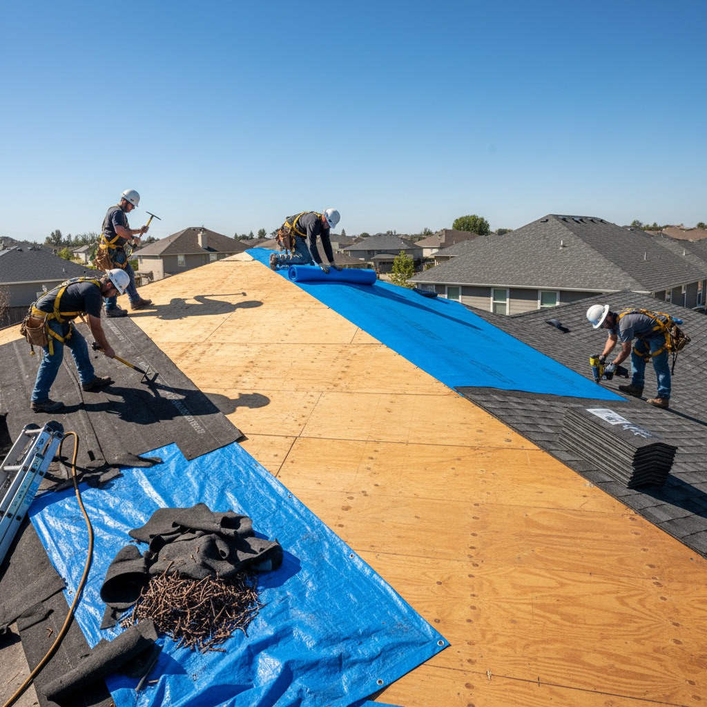 Professional roofer installing synthetic underlayment on residential roof deck