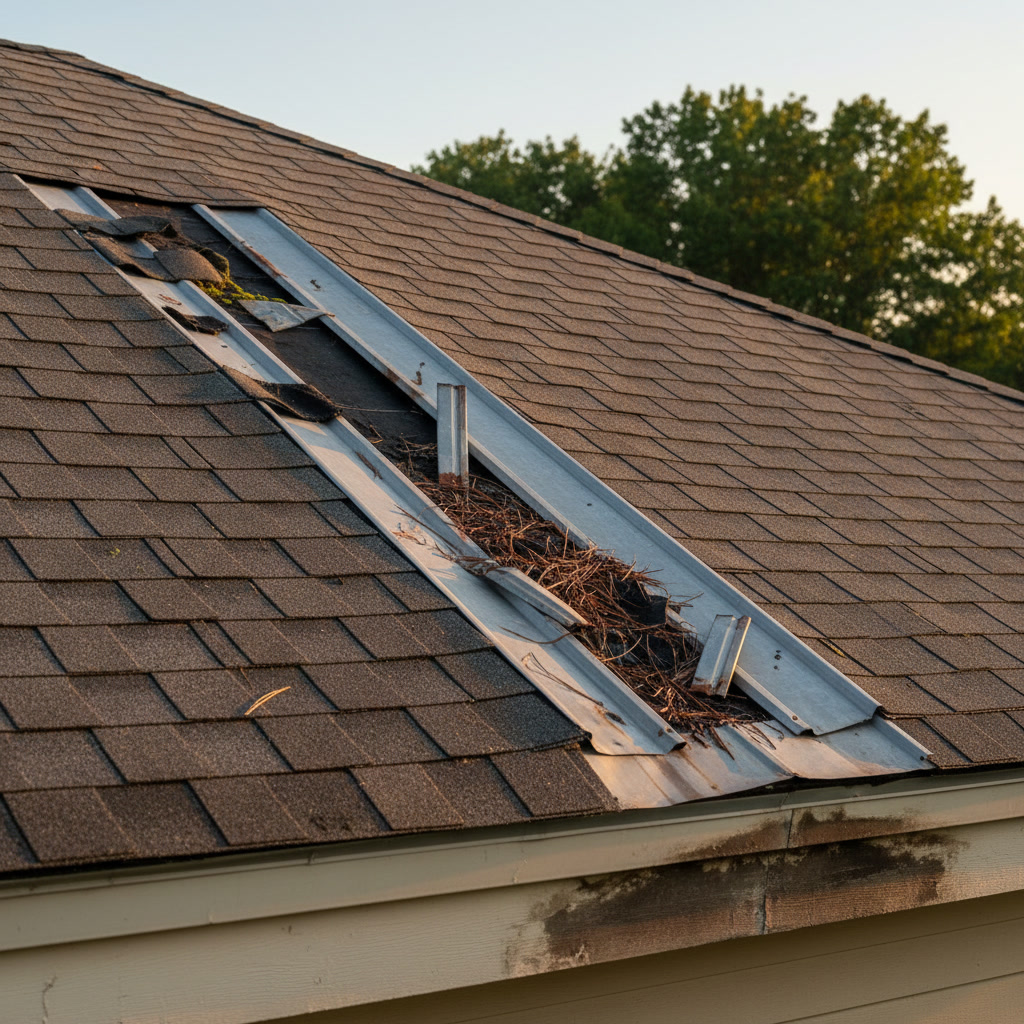Diagram showing proper roof valley layering with ice and water barrier and metal flashing
