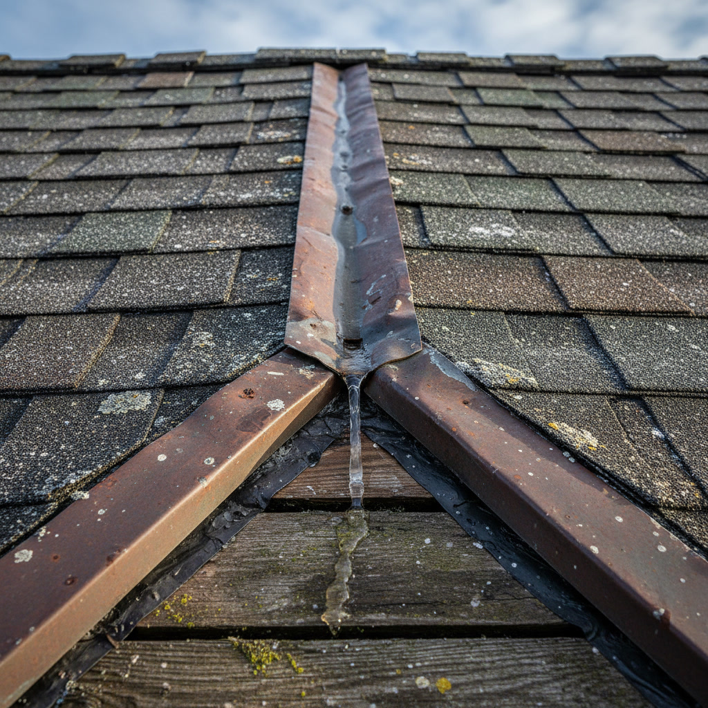 Roof valley showing proper water flow and clean metal flashing installation