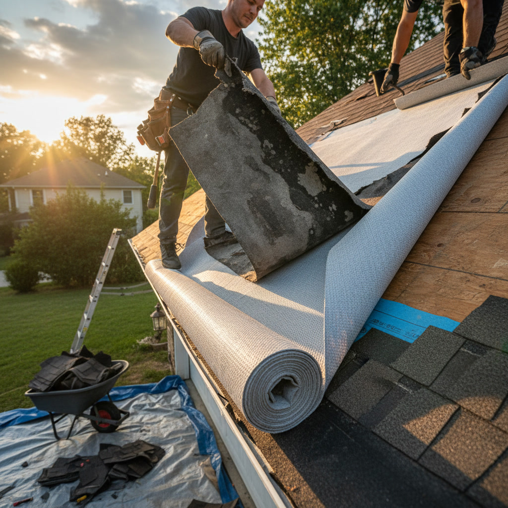 Professional roofing crew installing underlayment on residential home in New Jersey