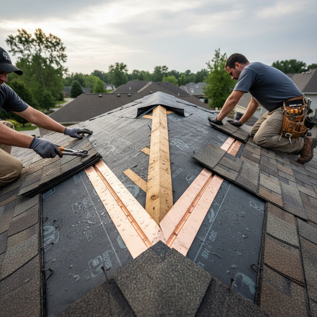 Professional roofer installing metal valley flashing on residential roof